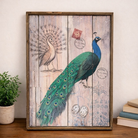 Other - Rustic Peacock Wall Art Framed Wood Plaque Farmhouse Decor